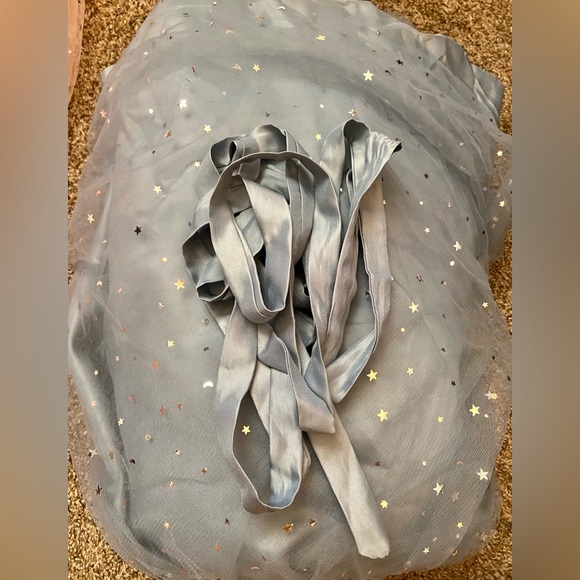 Puffy long sleeve sparkly short dusty blue prom dress with built in pockets - Picture 4 of 5